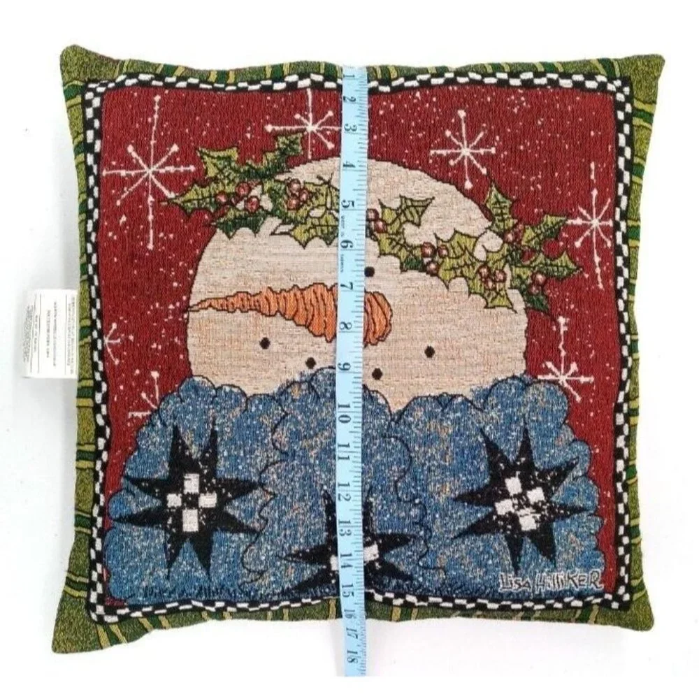 Lisa Hilliker Snowman Pillow Vintage Red Green Tapestry Mohawk USA One Fuzzy
